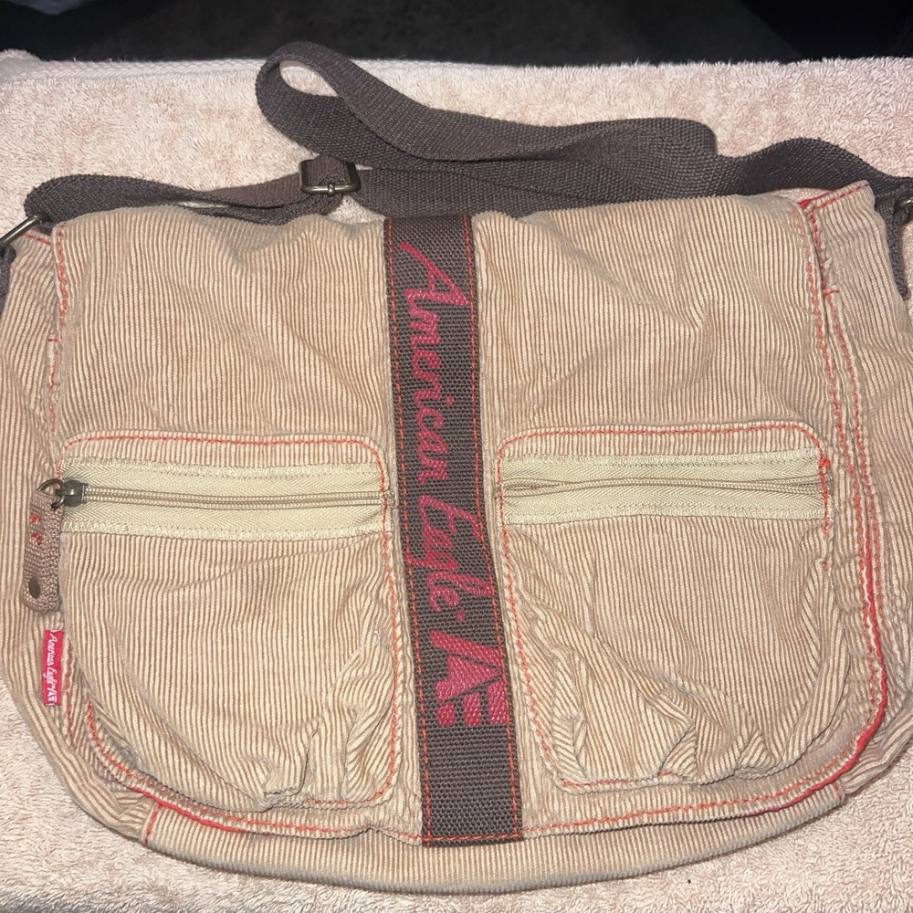 Vintage American Eagle Corduroy Crossover Bag Brown Zip Pockets 10"x15" Y2K READ